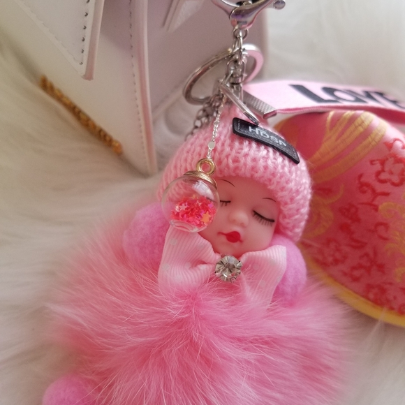 Pink Fur Baby Doll Keychain with Embroidered Pouch - Picture 3 of 5